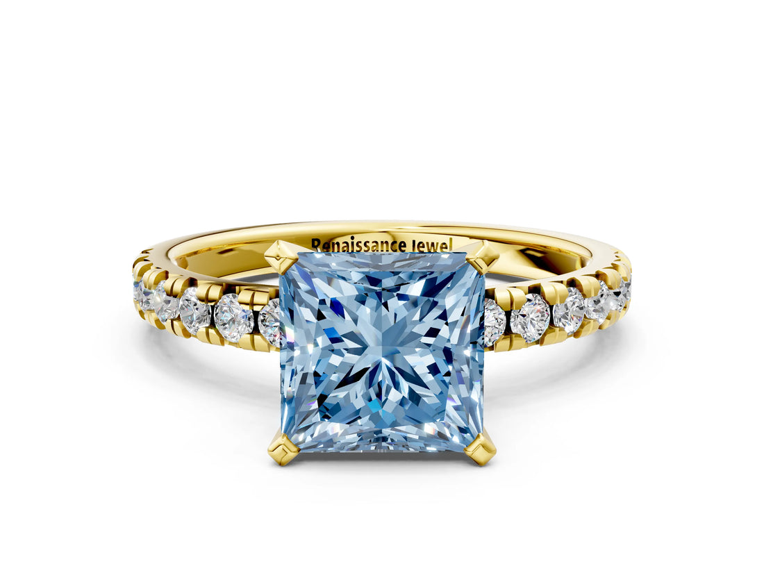 Yellow gold Fancy Blue Princess Cut Diamond Solitaire Pavé Engagement Ring with Round Band and Prong Setting_74