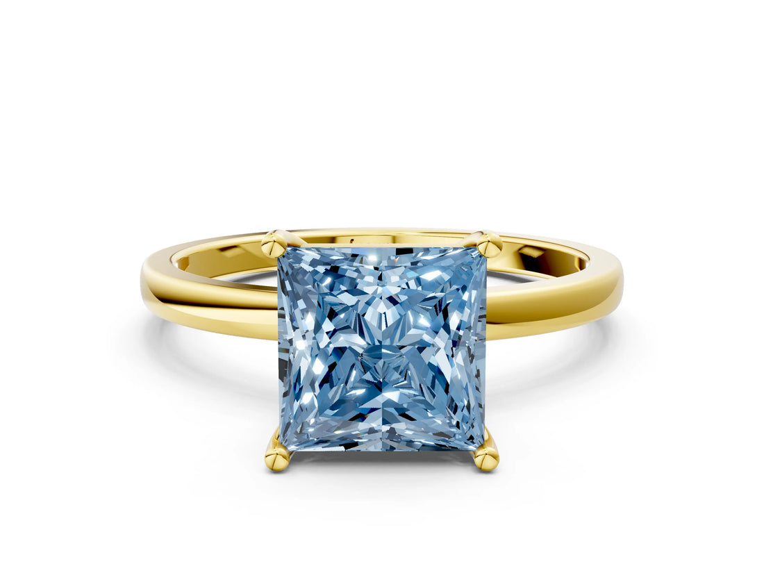Yellow gold Fancy Blue Princess Cut Diamond Solitaire Ring with Classic Band and Four-Prong Setting