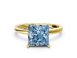 Yellow gold Fancy Blue Princess Cut Diamond Solitaire Ring with Classic Band and Four-Prong Setting