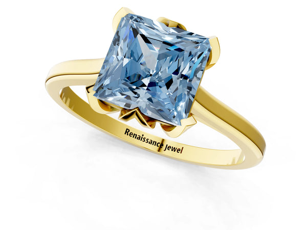 Yellow gold Fancy Blue Princess Cut Diamond Solitaire Ring with Flower Prong Setting and Classic Band