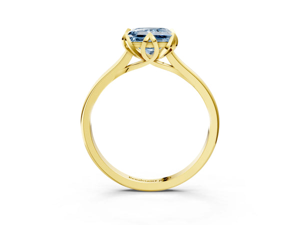 Yellow gold Fancy Blue Princess Cut Diamond Solitaire Ring with Flower Prong Setting and Classic Band