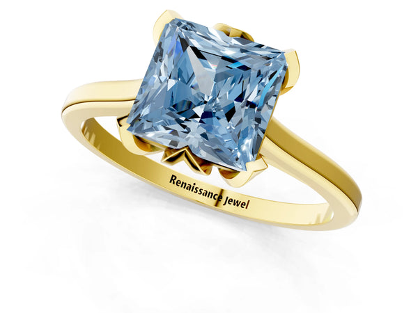 Yellow gold Fancy Blue Princess Cut Diamond Solitaire Ring with Flower Prong Setting and Classic Band