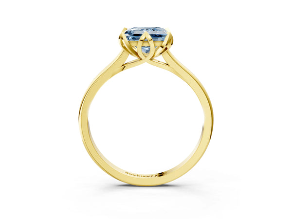 Yellow gold Fancy Blue Princess Cut Diamond Solitaire Ring with Flower Prong Setting and Classic Band