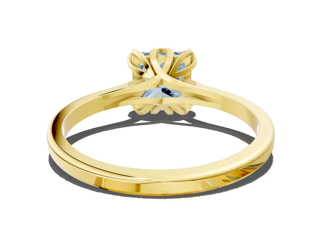 Yellow gold Fancy Blue Princess Cut Diamond Solitaire Ring with Flower Prong Setting and Classic Band_85