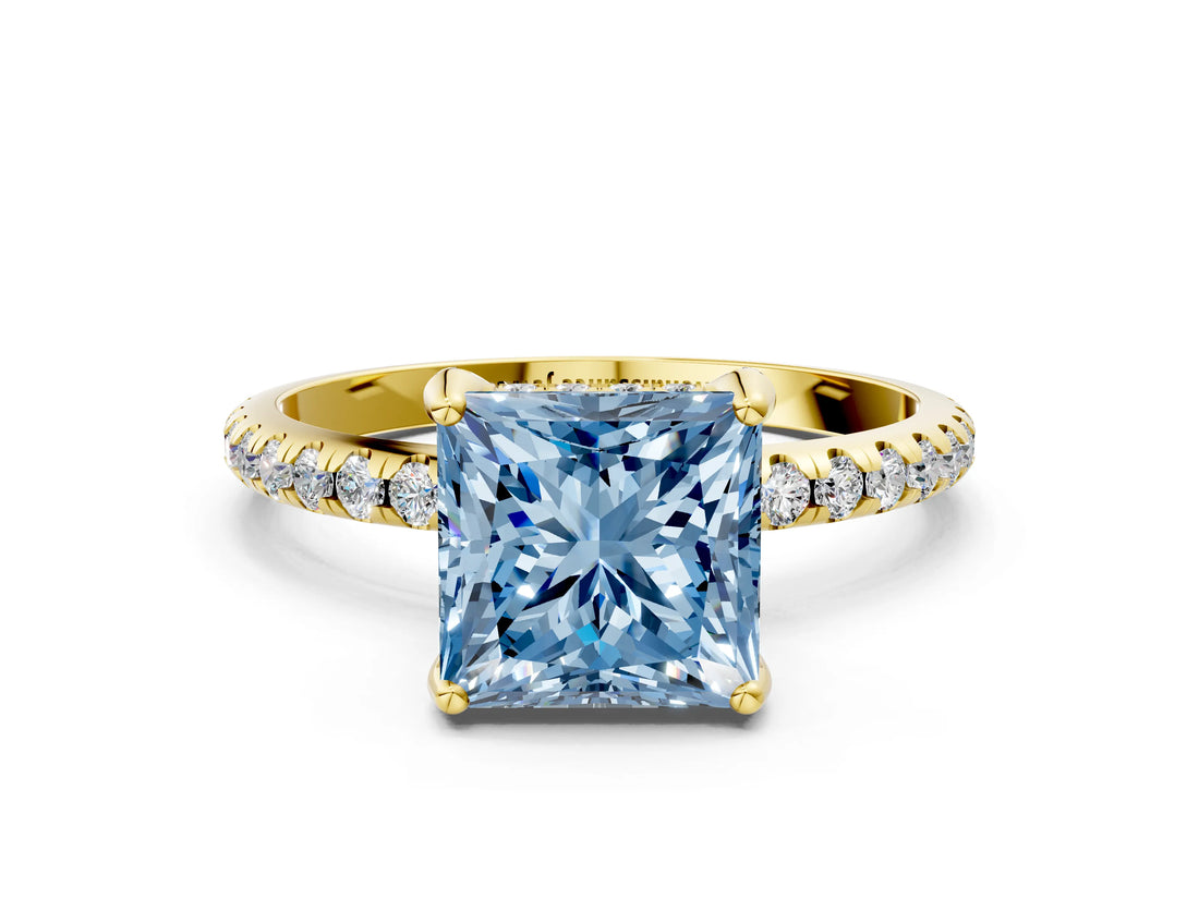 Yellow gold Fancy Blue Princess Cut Diamond Solitaire Ring with Four-Prong Setting and Pavé Band_3