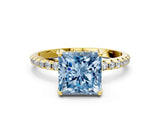 Yellow gold Fancy Blue Princess Cut Diamond Solitaire Ring with Four-Prong Setting and Pavé Band_3
