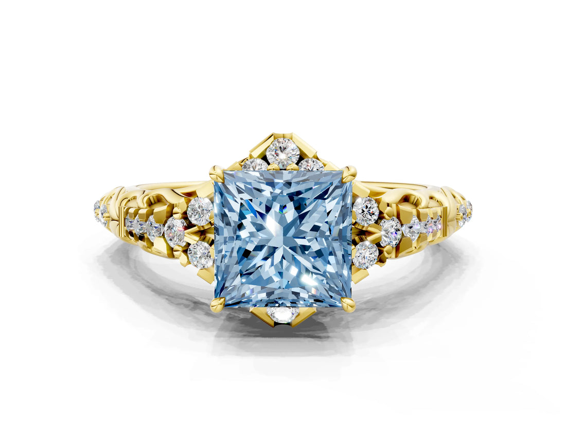 Yellow gold Fancy Blue Princess Cut Diamond Solitaire Ring with Hidden Halo and Pavé Band_27