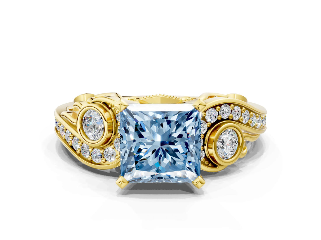 Yellow gold Fancy Blue Princess Cut Diamond Solitaire Ring with Milgrain Pavé Band and Four-Prong Setting_171