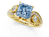 Yellow gold Fancy Blue Princess Cut Diamond Solitaire Ring with Milgrain Pavé Band and Four-Prong Setting_172