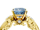 Yellow gold Fancy Blue Princess Cut Diamond Solitaire Ring with Milgrain Pavé Band and Four-Prong Setting_175