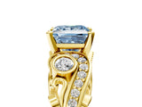 Yellow gold Fancy Blue Princess Cut Diamond Solitaire Ring with Milgrain Pavé Band and Four-Prong Setting_176