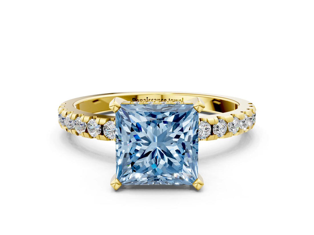 Yellow gold Fancy Blue Princess Cut Diamond Solitaire Ring with Pavé Band and Four-Prong Setting_64