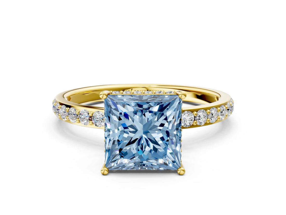 Yellow gold Fancy Blue Princess Cut Diamond Solitaire Ring with Pavé Band and Hidden Halo_20