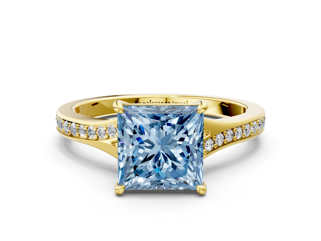 Yellow gold Fancy Blue Princess Cut Diamond Solitaire Ring with Pavé Band and Prong Setting_12