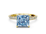 Yellow gold Fancy Blue Princess Cut Diamond Solitaire Ring with Pave Band and Four Prong Setting_102