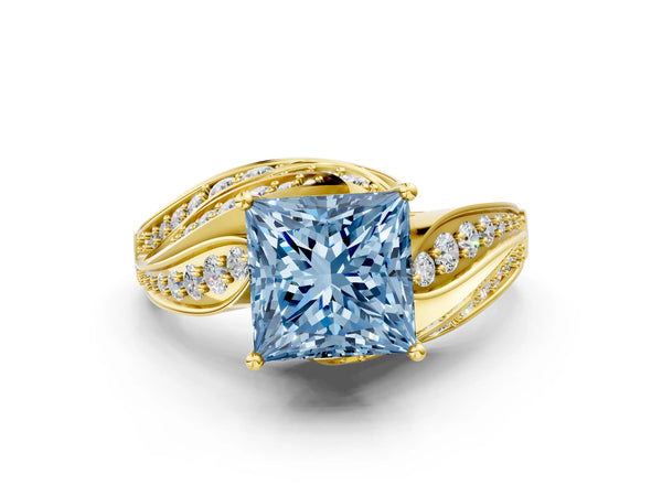 Yellow gold Fancy Blue Princess Cut Diamond Solitaire Ring with Prong Setting and Twisted Pavé Band
