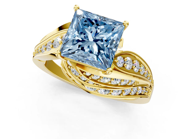 Yellow gold Fancy Blue Princess Cut Diamond Solitaire Ring with Prong Setting and Twisted Pavé Band