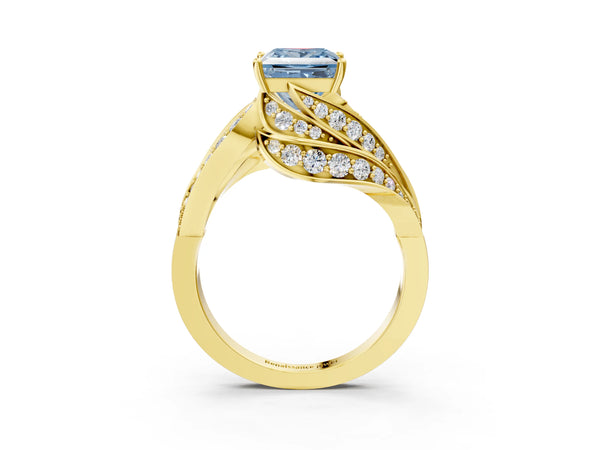 Yellow gold Fancy Blue Princess Cut Diamond Solitaire Ring with Prong Setting and Twisted Pavé Band