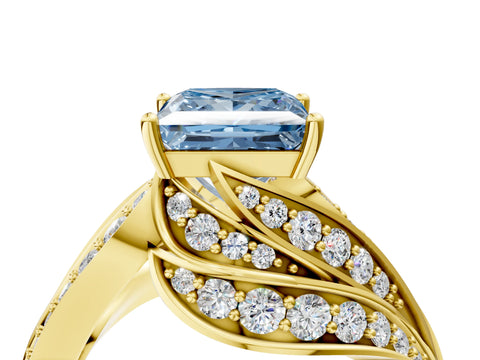 Yellow gold Fancy Blue Princess Cut Diamond Solitaire Ring with Prong Setting and Twisted Pavé Band_4
