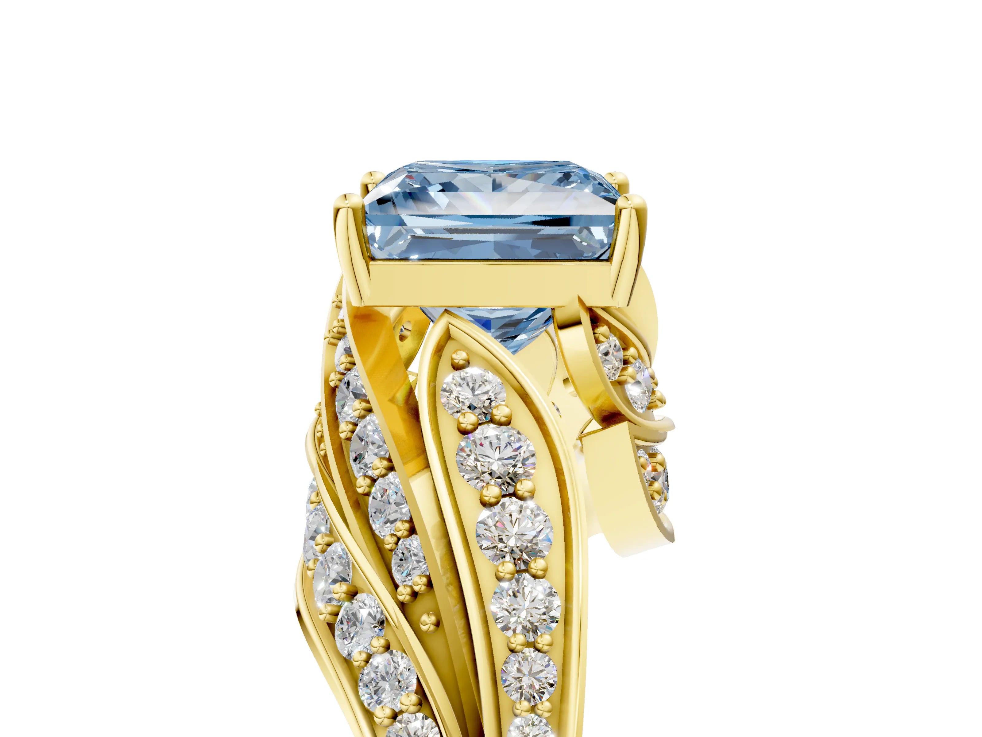 Yellow gold Fancy Blue Princess Cut Diamond Solitaire Ring with Prong Setting and Twisted Pavé Band_5
