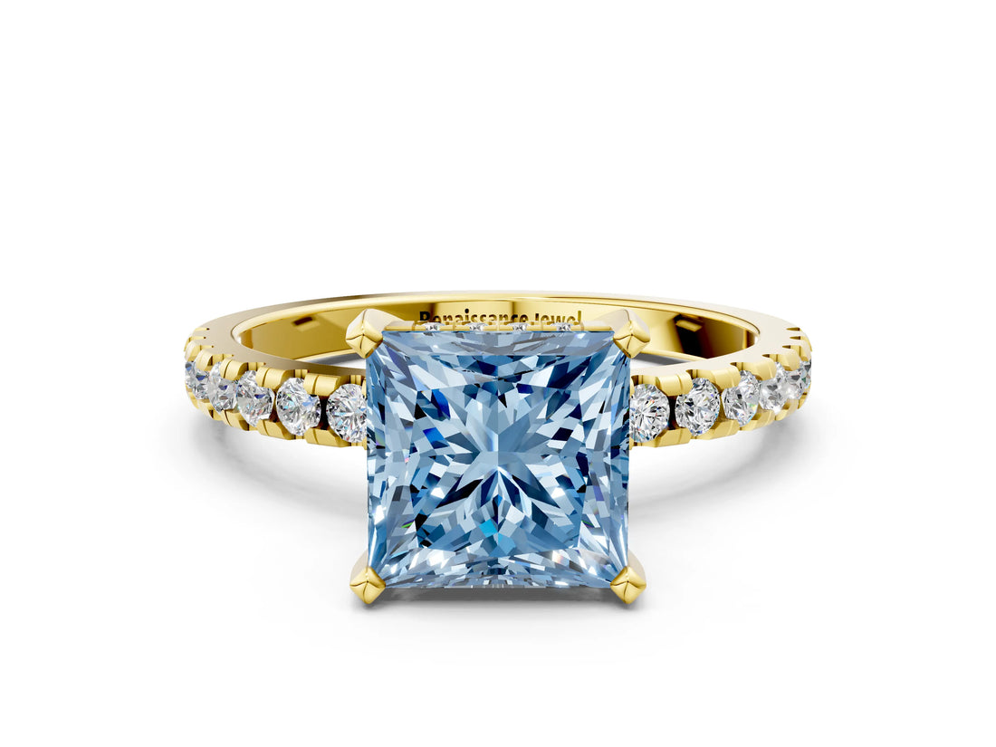 Yellow gold Fancy Blue Princess Cut Diamond Solitaire Ring with Round  Pavé Band and Four-Prong Setting_36