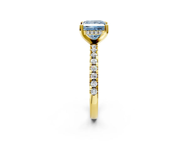 Yellow Gold Princess Cut Hidden Halo Solitaire Engagement Ring Setting for Fancy Blue Center with Single Row Pave Band