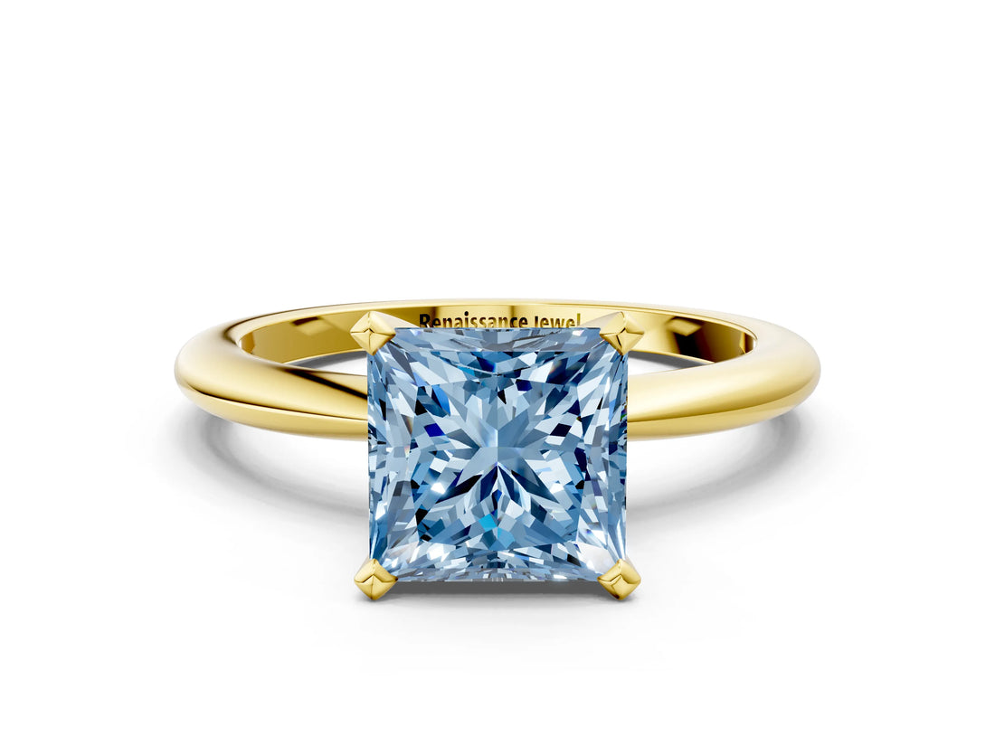Yellow gold Fancy Blue Princess Cut Diamond Solitaire Ring with Six-Prong Setting and Classic Band_286