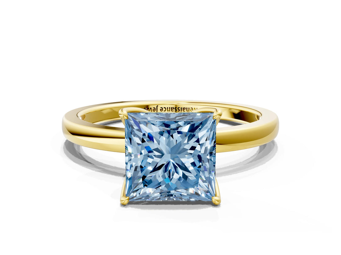 Yellow gold Fancy Blue Princess Cut Diamond Solitaire Ring with Thin Band and Prong Setting_12