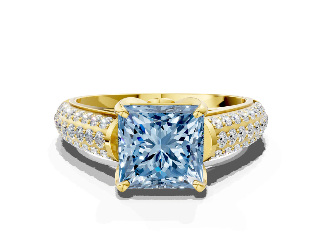 Yellow gold Fancy Blue Princess Cut Diamond Solitaire Ring with Three-Row Pavé Band and Four-Prong Setting_37