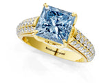 Yellow gold Fancy Blue Princess Cut Diamond Solitaire Ring with Three-Row Pavé Band and Four-Prong Setting_38