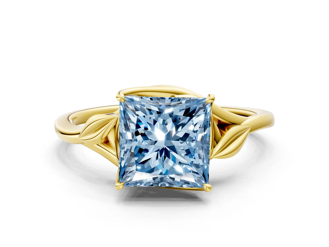 Yellow gold Fancy Blue Princess Cut Diamond Solitaire Ring with Twist Band and Four-Prong Setting_71