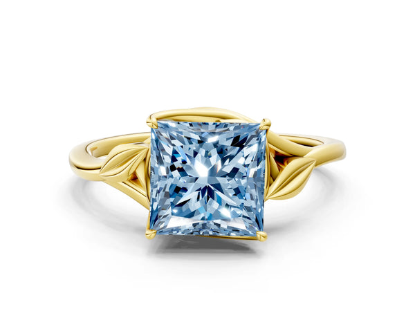 Yellow gold Fancy Blue Princess Cut Diamond Solitaire Ring with Twist Band and Four-Prong Setting