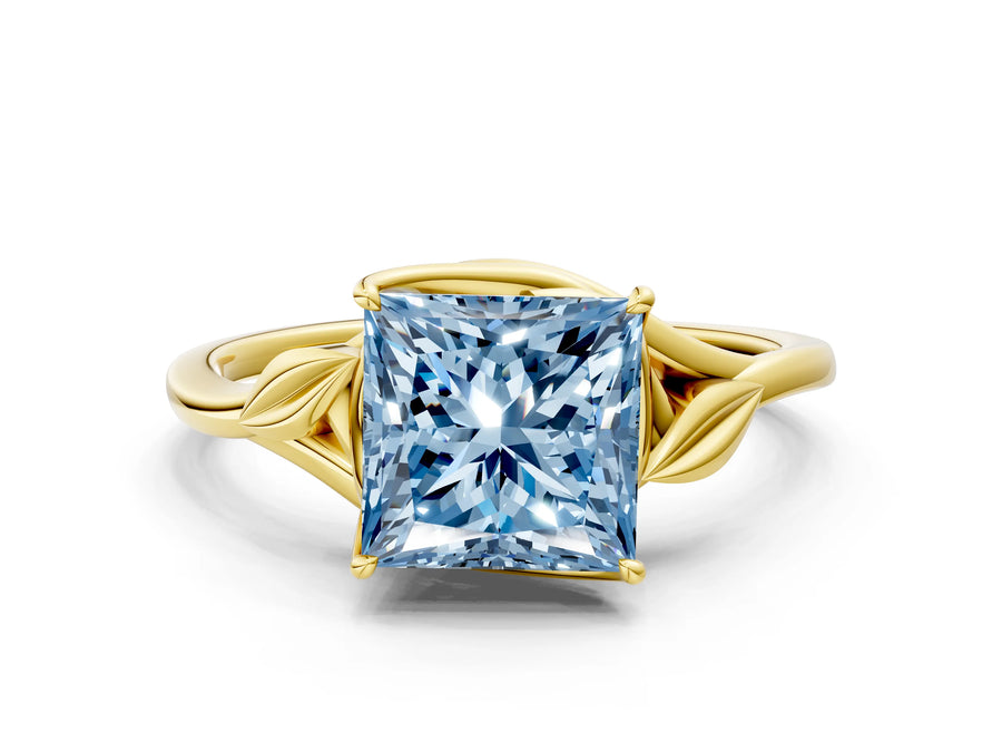 Yellow gold Fancy Blue Princess Cut Diamond Solitaire Ring with Twist Band and Four-Prong Setting