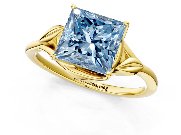Yellow gold Fancy Blue Princess Cut Diamond Solitaire Ring with Twist Band and Four-Prong Setting