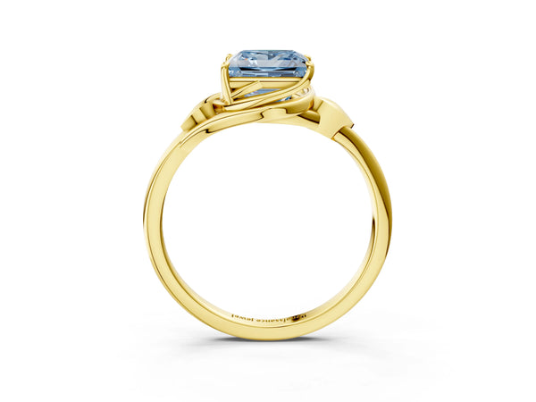 Yellow gold Fancy Blue Princess Cut Diamond Solitaire Ring with Twist Band and Four-Prong Setting