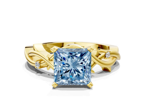 Yellow gold Fancy Blue Princess Cut Diamond Solitaire Ring with Twisted Band and Prong Setting_204