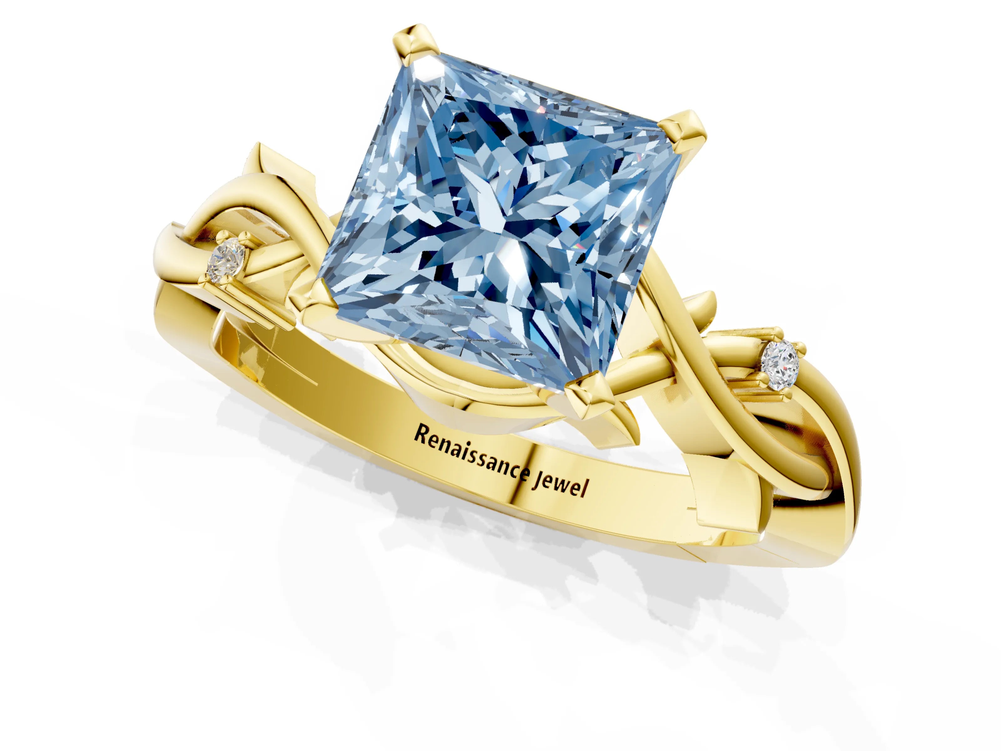 Yellow gold Fancy Blue Princess Cut Diamond Solitaire Ring with Twisted Band and Prong Setting_205