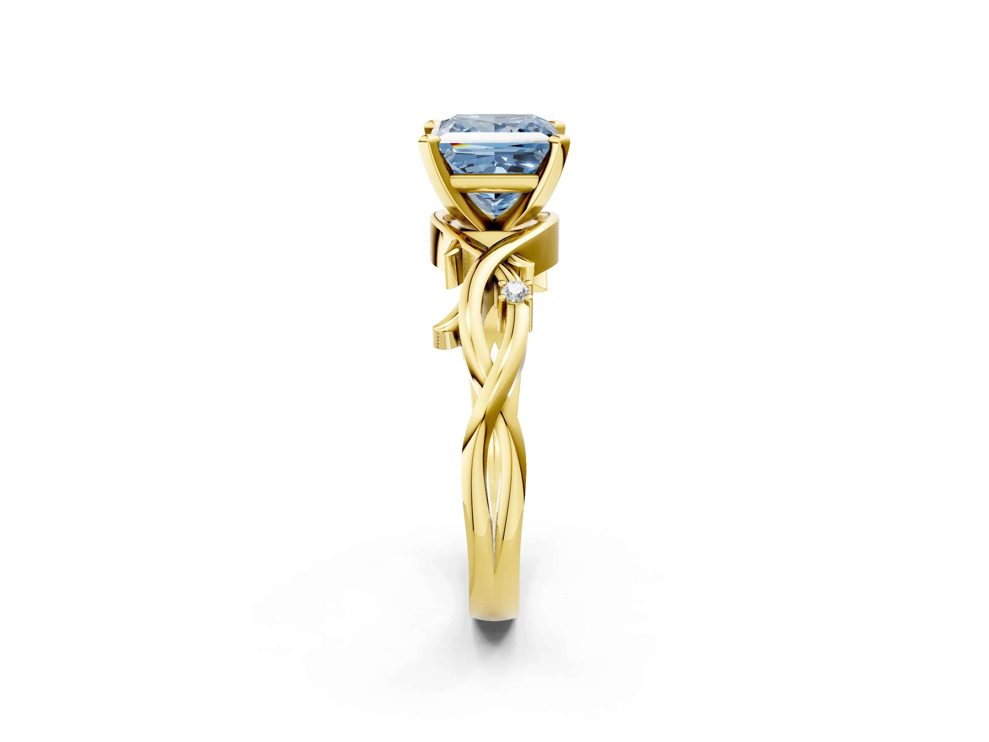 Yellow gold Fancy Blue Princess Cut Diamond Solitaire Ring with Twisted Band and Prong Setting_206