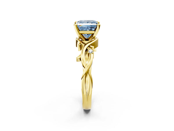 Yellow Gold Princess Cut Vine Solitaire Engagement Ring Setting for Fancy Blue Center