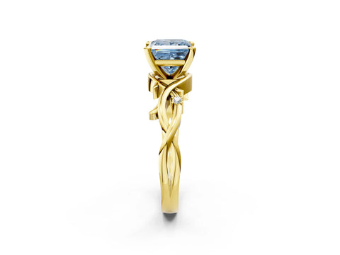 Yellow gold Fancy Blue Princess Cut Diamond Solitaire Ring with Twisted Band and Prong Setting_206
