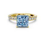 Yellow gold Fancy Blue Princess  Cut Diamond Solitaire with Pave Band and Four-Prong Setting