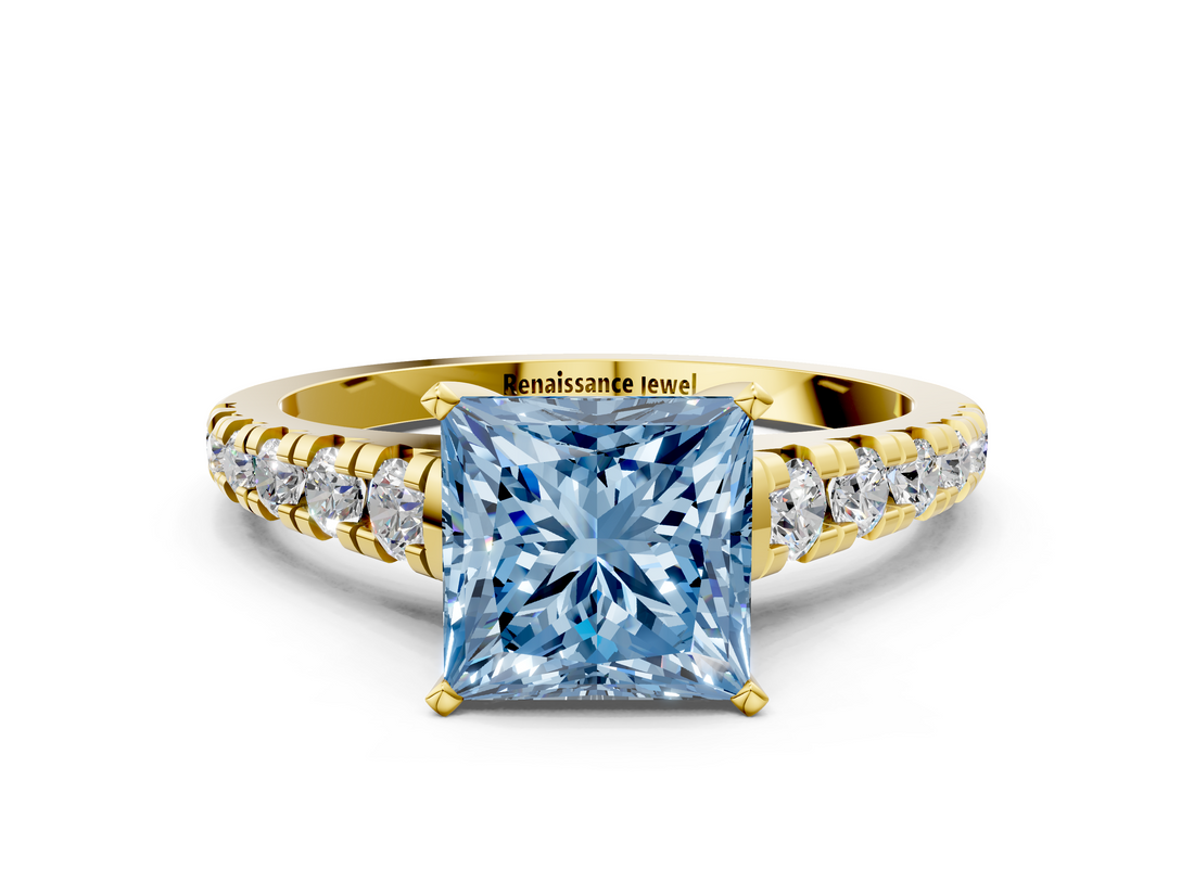 Yellow gold Fancy Blue Princess  Cut Diamond Solitaire with Pave Band and Four-Prong Setting_109