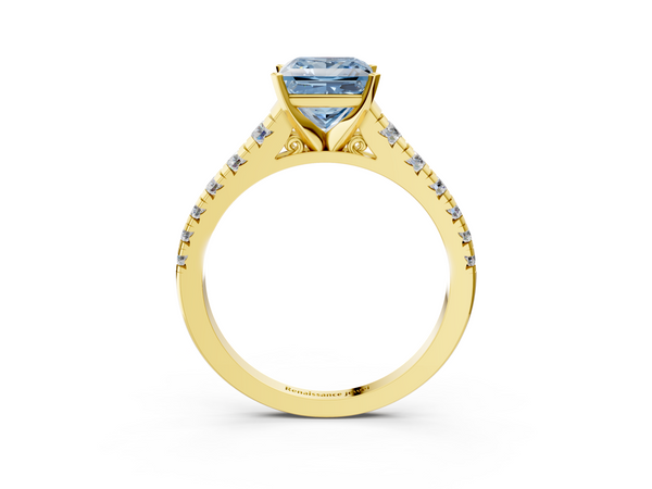 Yellow Gold Princess Cut Graduated Cathedral Engagement Ring Setting for Fancy Blue Center