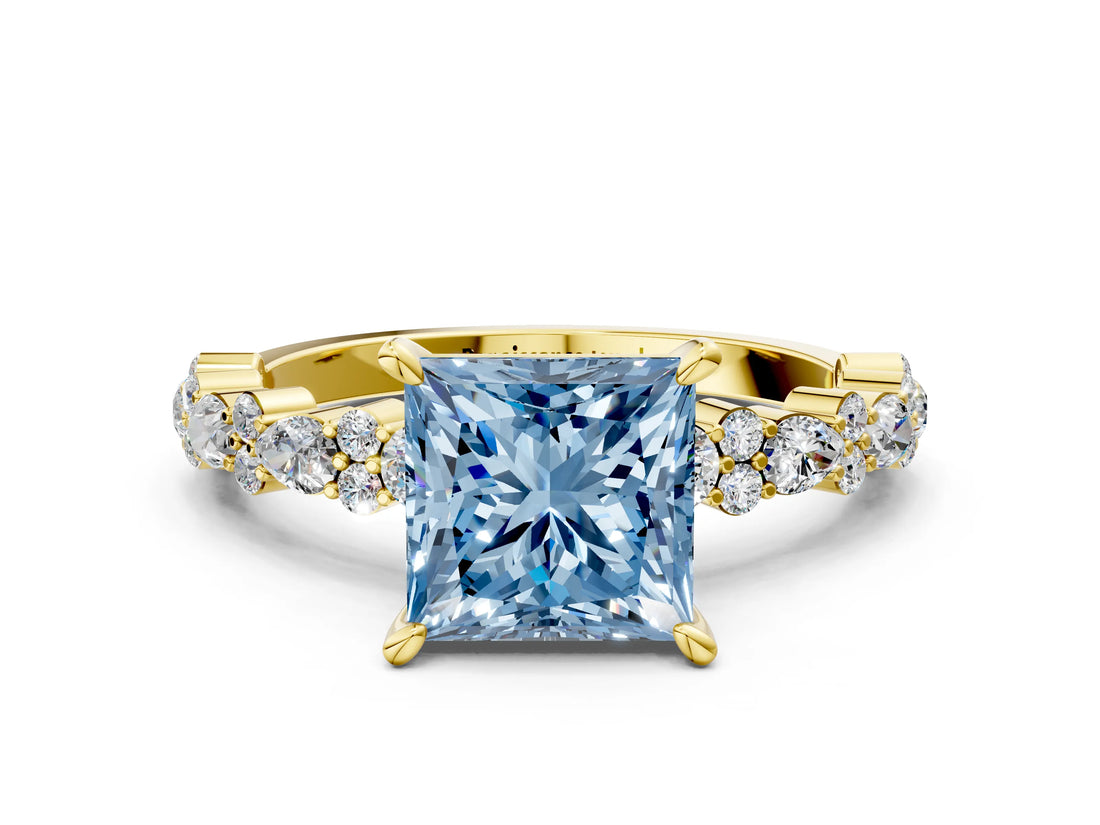 Yellow gold Fancy Blue Princess Cut Diamond Solitaire with Side Stones, Pave Band, Four-Prong Setting_114
