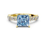 Yellow gold Fancy Blue Princess Cut Diamond Solitaire with Side Stones, Pave Band, Four-Prong Setting_114