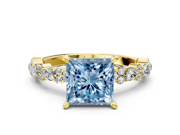 Yellow Gold Princess Cut Pear Side Stone Engagement Ring Setting for Fancy Blue Center