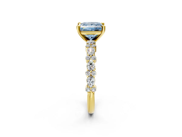 Yellow Gold Princess Cut Pear Side Stone Engagement Ring Setting for Fancy Blue Center