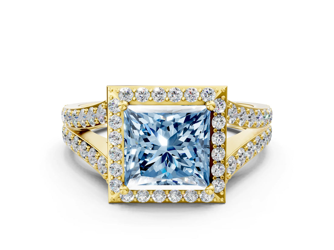 Yellow gold Fancy Blue Princess Cut Diamond Split Shank Halo Ring with Four-Prong Setting_57