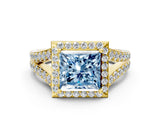 Yellow gold Fancy Blue Princess Cut Diamond Split Shank Halo Ring with Four-Prong Setting_57
