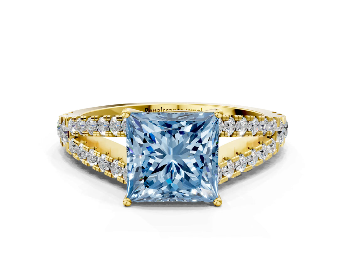Yellow gold Fancy Blue Princess Cut Diamond Split Shank Pavé Engagement Ring with Four-Prong Setting_60